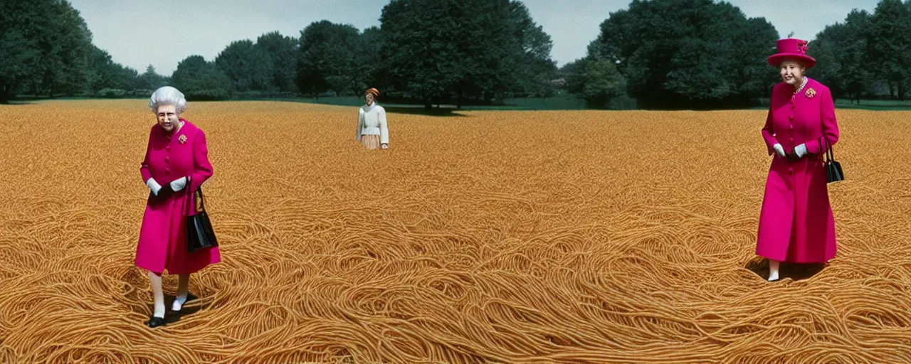 Image similar to queen elizabeth as a young woman walking through a field of spaghetti, canon 2 0 mm, wes anderson, kodachrome