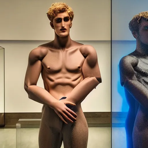 Image similar to a realistic detailed photo of a guy who is an attractive humanoid who is half robot and half humanoid, who is a male android, youtuber jake paul and logan paul, shiny skin, posing like a statue, blank stare, at the museum, on display