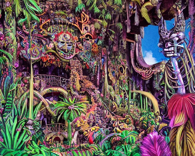 Image similar to surreal colorful nightmarish garden las pozas, mayan jaguar warrior, artwork by ralph bakshi