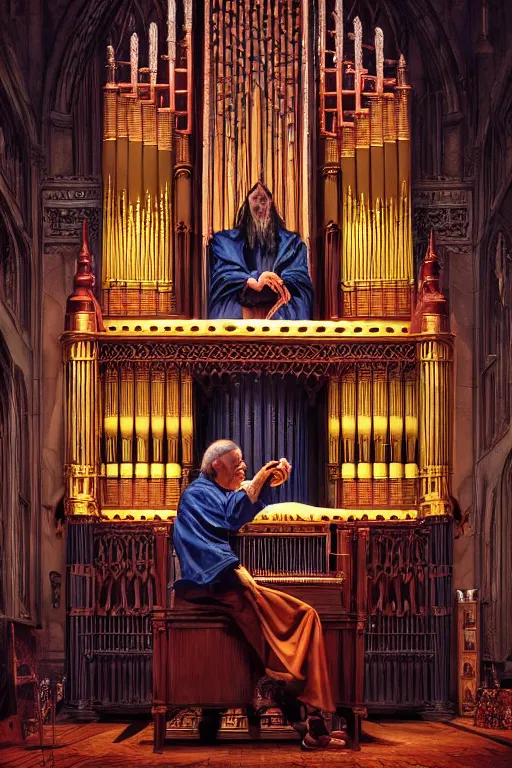 Prompt: oil painting of a wizard playing a pipe organ, intricate artwork by, Greg Hildebrandt, and Mark Brooks, Neo-Gothic, gothic, rich deep colors, masterpiece, Artgerm, coherent artwork, cinematic, hyper realism, high detail, octane render, unreal engine, 8k, High contrast, golden ratio, trending on cgsociety, ultra high quality model, production quality cinema model,