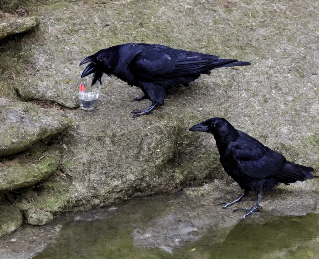 Prompt: Raven drinking water from a river