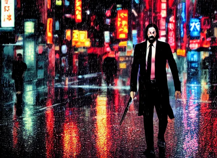 Image similar to cinematic shot of John Wick walking on the streets of Tokyo, rainy streets, neon lights, LEDs, concept art oil painting by Jama Jurabaev, extremely detailed, brush hard, artstation