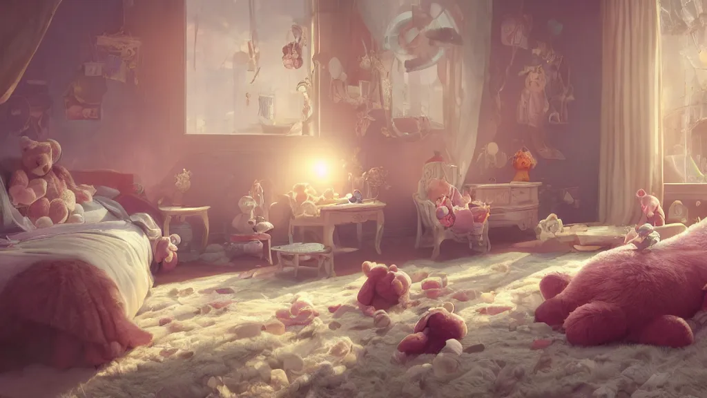 Image similar to a Photorealistic hyperrealistic render of an interior of a beautifully decorated spoiled child's beautiful bedroom with a giant teddy bear sitting on the floor by PIXAR,Greg Rutkowski,WLOP,Artgerm,dramatic moody sunset lighting,long shadows,Volumetric, cinematic atmosphere, Octane Render,Artstation,8k