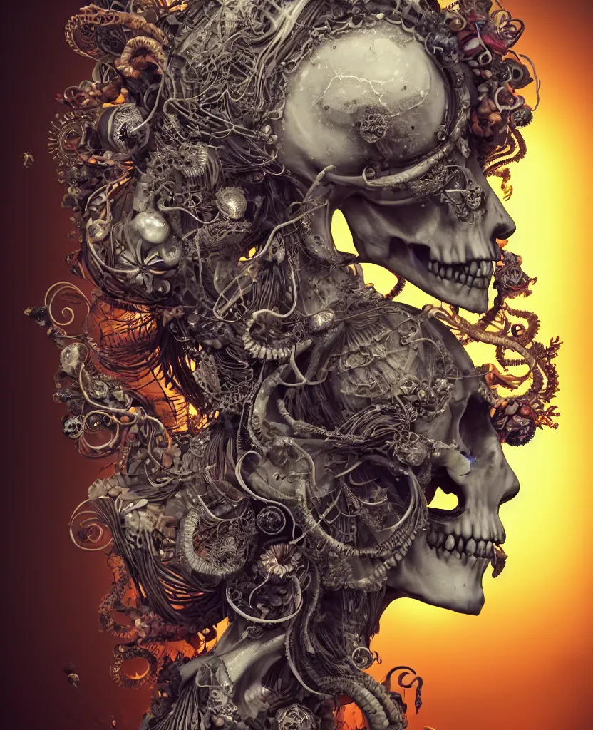 Image similar to goddess close-up portrait skull with mohawk, ram skull, skeleton, thorax, x-ray, backbone, jellyfish phoenix head, nautilus, orchid, skull, betta fish, bioluminiscent creatures, intricate artwork by Tooth Wu and wlop and beeple. octane render, trending on artstation, greg rutkowski very coherent symmetrical artwork. cinematic, hyper realism, high detail, octane render, 8k