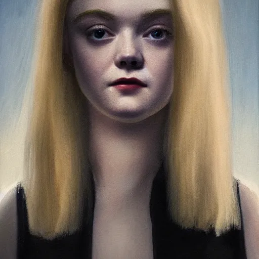 Image similar to Painting of Elle Fanning in pitch black water, only the top half of her face is visible, long blonde hair, delicate, pale milky white porcelain skin, by Edward Hopper. 8K. Extremely detailed.