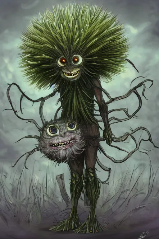 Image similar to a humanoid figure dandelion moss plant monster thistle armour, large eyes and menacing smile, highly detailed, digital art, sharp focus, trending on art station, anime art style