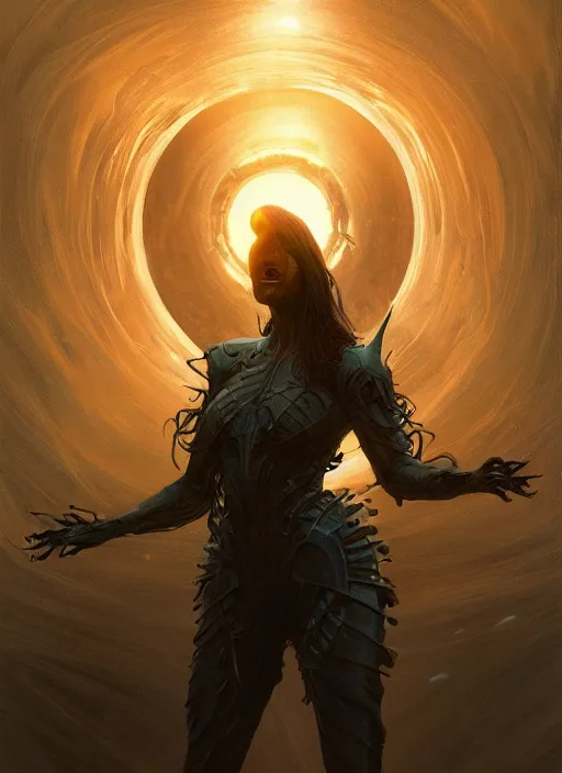 Image similar to humanoid black hole, fantasy, extremely detailed, digital painting, artstation, concept art, smooth, sharp focus, illustration, stunning lighting, art by artgerm and greg rutkowski and alphonse mucha and simon stalenhag, realistic character concept, high fantasy, light atmosphere, golden ratio, cinematic lighting, hyperdetailed, high resolution, insanely detailed and intricate, artstation, Marc Simonetti, Greg Rutkowski, 8k, HD, unreal engine