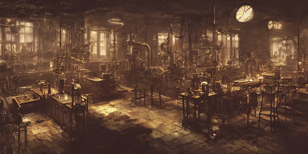 Image similar to kitbash of steampunk laboratory by Max Bedulenko, trending on Artstation, 8k, photorealistic, hyper detailed, unreal engine 5, cinematic color grade, epic lighting