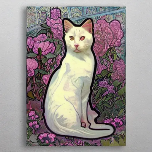 Prompt: white short haired cat, surrounded by peonies, Alphonse mucha, art nouveau, poster art