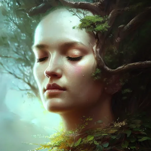 Image similar to a beautiful portrait of a tree goddess with closed eyes by Greg Rutkowski and Raymond Swanland, Trending on Artstation, ultra realistic digital art