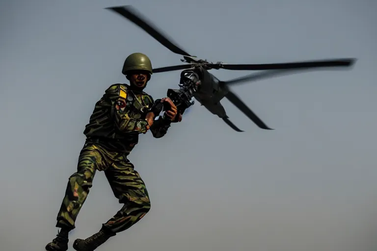 Image similar to closeup portrait of bangladesh army commander jumping from a helicopter, cinematic shot, motion still, atmospheric