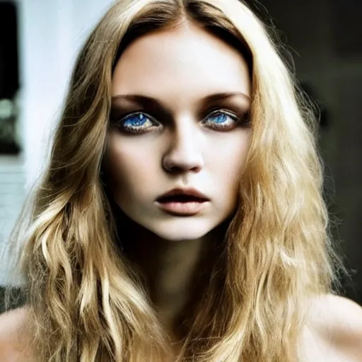 Prompt: Perfect face, symmetrical facial features, small nose, big eyes, long wavy blonde hair, photograph