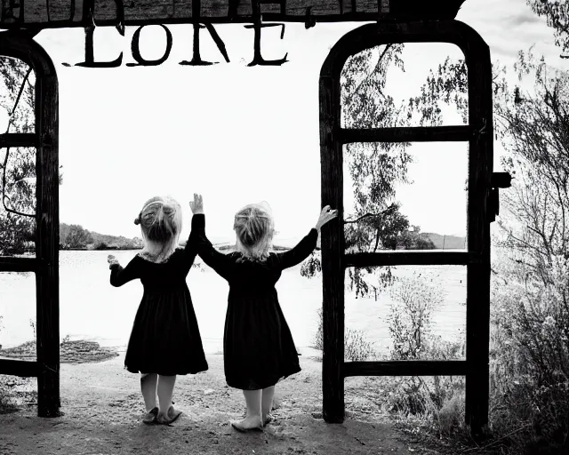 Image similar to Twin girls at iron gate at sunset - black and white photo