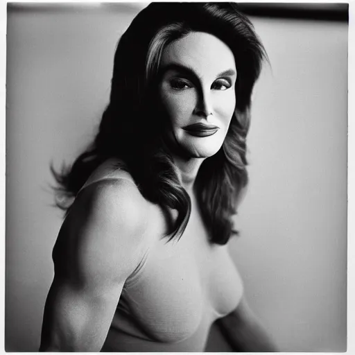 Prompt: photo of Caitlyn Jenner by Diane Arbus, black and white, high contrast, Rolleiflex, 55mm f/4 lens