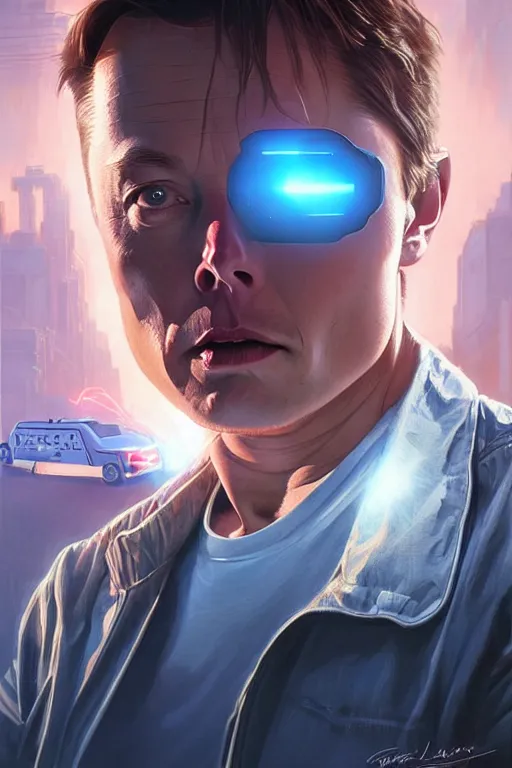 Image similar to elon musk as marty mcfly near cybertruck, realistic portrait, symmetrical, highly detailed, digital painting, artstation, concept art, smooth, sharp focus, illustration, cinematic lighting, art by artgerm and greg rutkowski and alphonse mucha