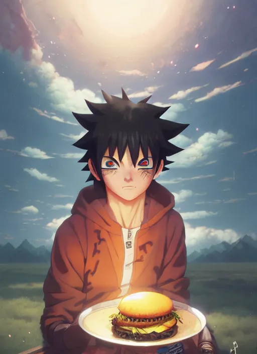 Prompt: detailed hamburger consuming naruto with black hair, art by greg rutkowski, loish, rhads, ferdinand knab, makoto shinkai and lois van baarle, ilya kuvshinov, rossdraws, tom bagshaw, global illumination, radiant light, detailed and intricate environment