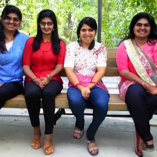 Prompt: vinod enjoying on bench with ladies of the software company.