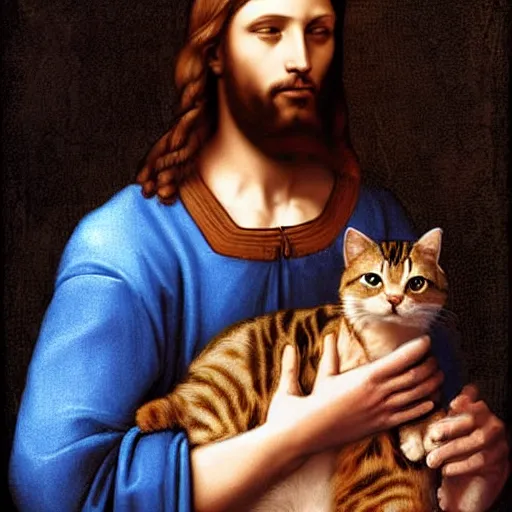 Image similar to portrait of jesus holding a cute cat, digital art, by leonardo da vinci