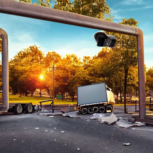 Image similar to semi truck crashing though a stone wall into an empty playground, security camera, photo, photorealistic, golden hour