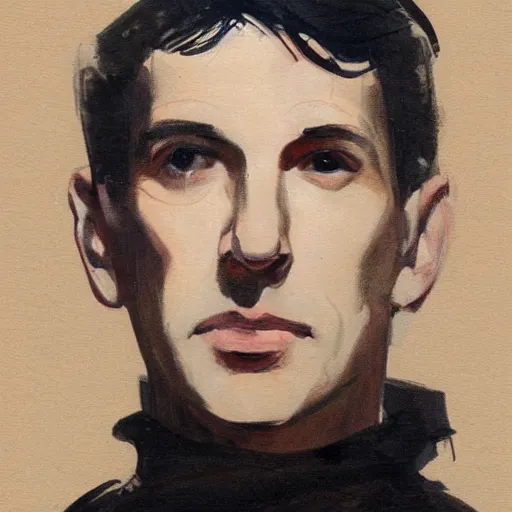 Prompt: art of a portrait by marc davis, a man in his thirties, mix between french, turkish and russian, short black hair with bangs, very tall and slender, wearing a retro - futuristic beige and black utilitarian jumpsuit.