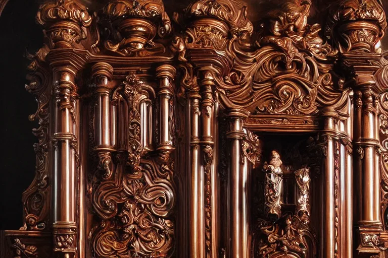 Image similar to pipe organ carved from dark smoke, high detail baroque oil painting