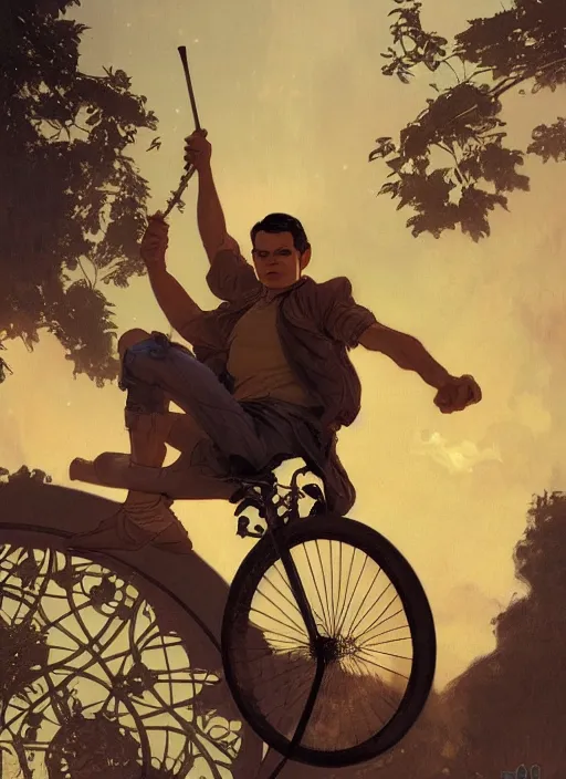 Image similar to Ben Shapiro riding a unicycle, sigma male, accurately portrayed, portrait art by alphonse mucha and greg rutkowski, highly detailed, digital painting, concept art, illustration, dim lighting with twilight rays of sunlight, trending on artstation, very detailed, smooth, sharp focus, octane render, close up