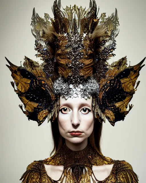 Prompt: a fantasy owl queen, beauty portrait, opulent costume inspired by iris van herpen