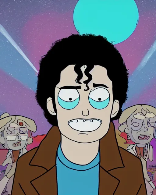 Image similar to portrait of michael jackson in the style of justin roiland. cinematic lighting. style of rick & morty. photographic, photography. by justin roiland