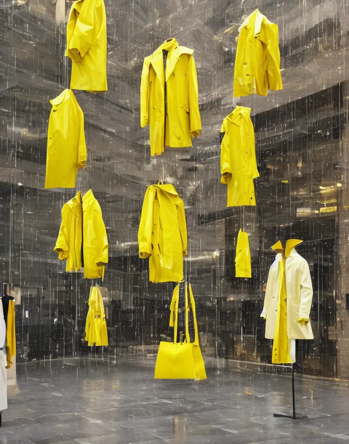 Image similar to a lone yellow zara raincoat flying hanging mid - air on a glittering rainy display designed by james terrell, we anderson