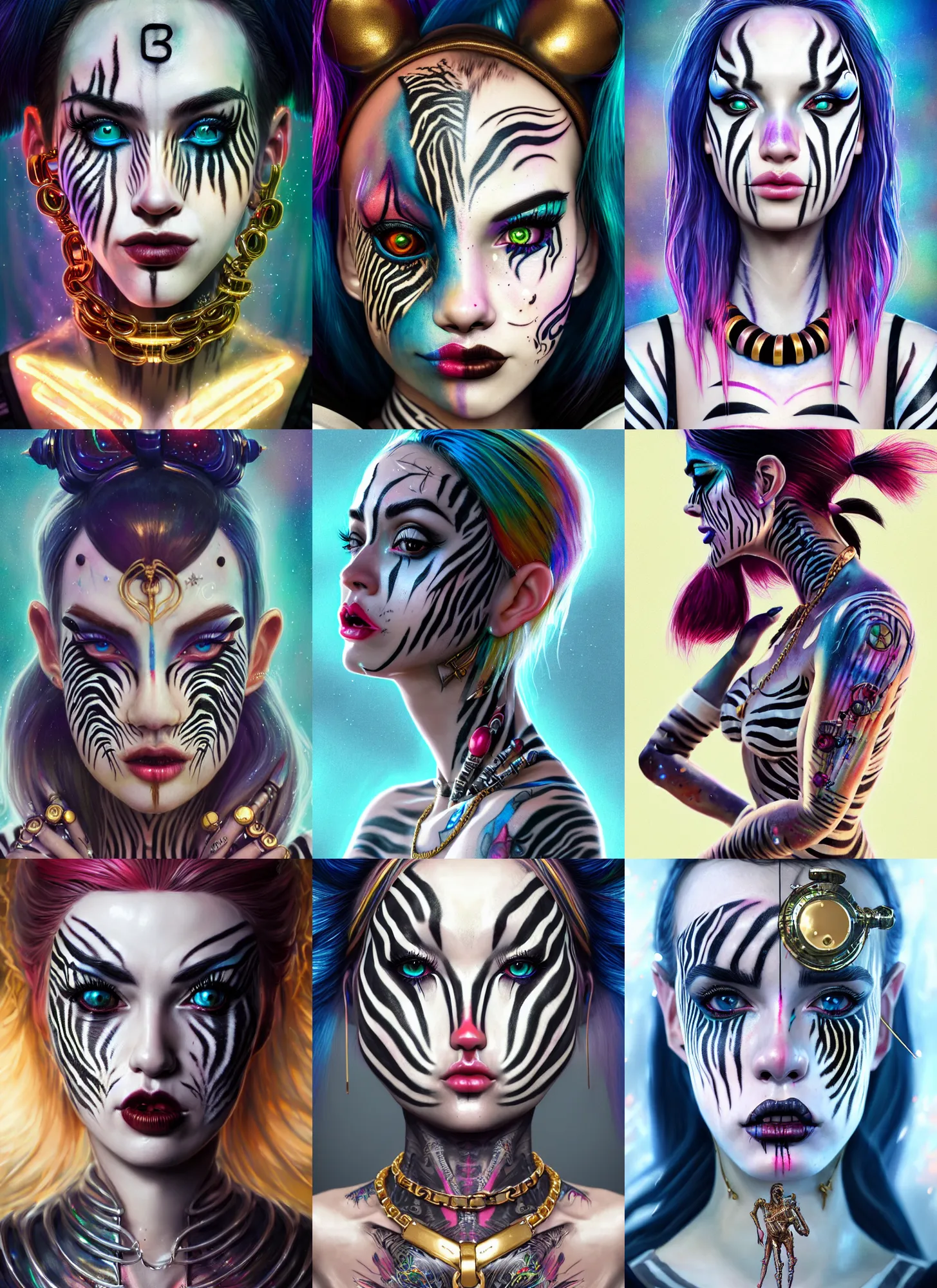 Prompt: disney 8 k photo, stunning shiny sweaty porcelain rich grand iridescent emo zebra edc chained clowncore cyborg college vsco girl, face tattoos, golden ratio details, sci fi, fantasy, cyberpunk, intricate, decadent, highly detailed, digital painting, octane render, artstation, concept art, smooth, sharp focus, illustration, art by loish, wlop