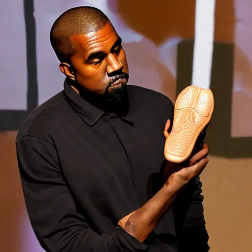 Prompt: kanye west holding a strange shoe and showing it to people