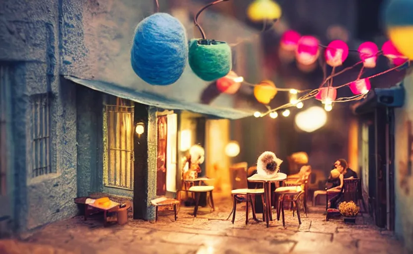 Image similar to mini cafe diorama macro photography, alleyway, cafe for felted animals, ambient, colorful paper lanterns, atmospheric photograph, string lights, romantic