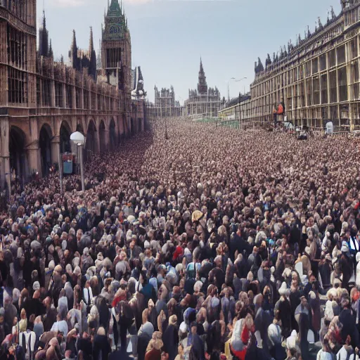 Prompt: a picture of westminster with a gigantic crowd of protestors on the street, the sky is blue and everyone is holding russian signs wide shot hyperrealistic photography 7 0 mm