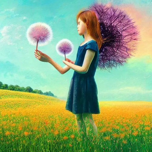 Image similar to girl with dandelion head, surreal photography, dream, standing in flower field, hills, big trees, sunrise dramatic light, impressionist painting, colorful clouds, digital painting, pointillism, artstation, simon stalenhag