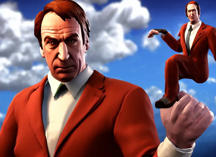 Image similar to 3 d model of saul goodman character in fighting game, stylized 3 d graphics, hdr, ultra graphics, ray tracing, 4 k image