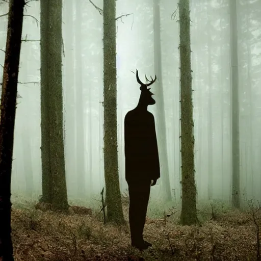 Prompt: an old photo of an incredibly tall thin pale bipedal creature with antlers deep in a dark foggy forest