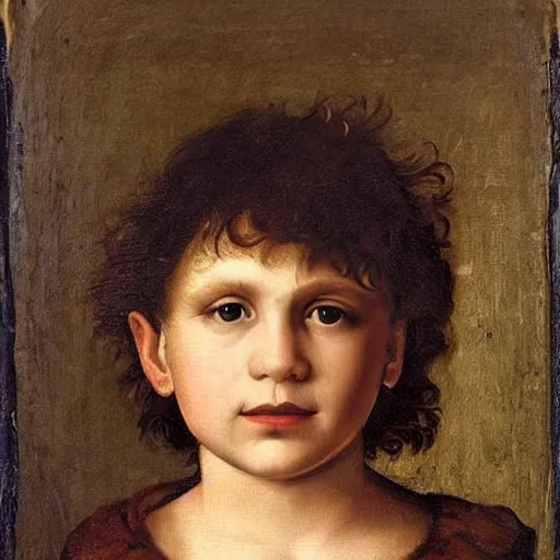 Image similar to small caucasian boy with a curly mullet and brown eyes, renaissance portrait, vinatge painting royal painting