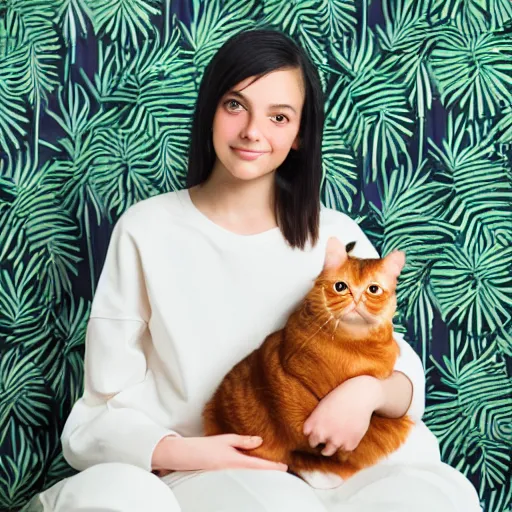 Image similar to portrait photo of a slim girl with 1 0 year old, light brown hair, brown eyebrows, brown eyes, pretty eyelashes, holding an orange persian cat sitting in a queen size bed, daylight from big window with an araucaria tree outside, green and light purple flowers wallpaper