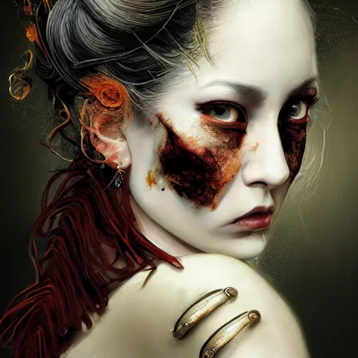 Image similar to portrait of a Shibari rope wrapped face and neck, headshot, insanely nice professional hair style, dramatic hair color, digital painting, of a old 18th century, traveler, amber jewels, baroque, ornate clothing, scifi, realistic, hyperdetailed, chiaroscuro, concept art, art by Franz Hals and Jon Foster and Ayami Kojima and Amano and Karol Bak,