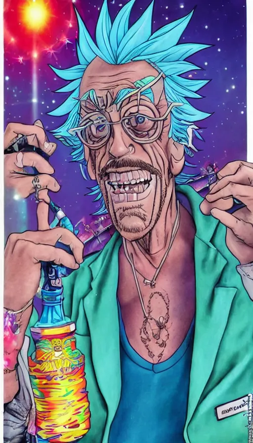 Image similar to Christopher Lloyd as Rick Sanchez by Noriyoshi Ohrai and Lisa Frank