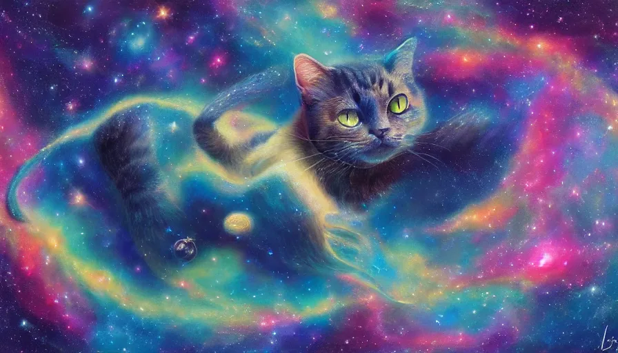 Image similar to cat god swimming in between galaxies, painting, detailed, heavenly, 4 k