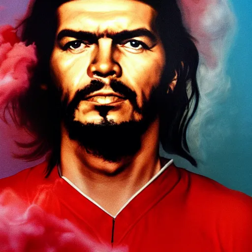 Image similar to colour masterpiece surreal closeup portrait photography of che guevara by miho hirano and annie leibovitz and michael cheval, red and white smoke background, 8 k