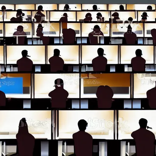 Image similar to 2 5 monkeys using computers, in a well lit office, happy monkey faces, ( ( modern paintings on the walls ) ), photorealistic, studio lighting, stock photo, a real buzz, very busy office, telephones ringing and people chatting