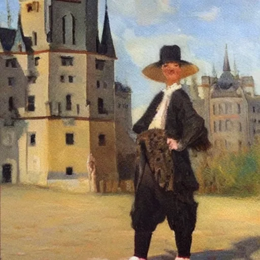 Prompt: painting by zorn, cow wearing!!! clothes!!! jeans!!! standing next to royal castle!!