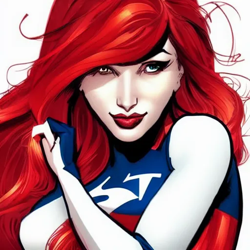 Prompt: a beautiful comic book illustration of a woman with red hair, dc comics, marvel comics, featured on artstation