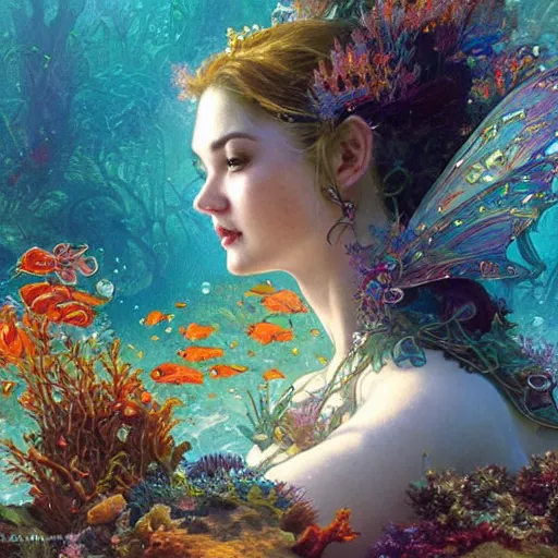 Image similar to portrait of a beautiful fairy woman, submerged underwater filled with colorful small fish and coral reef, fantasy, regal, intricate, by stanley artgerm lau, greg rutkowski, thomas kindkade, alphonse mucha, loish, norman rockwell