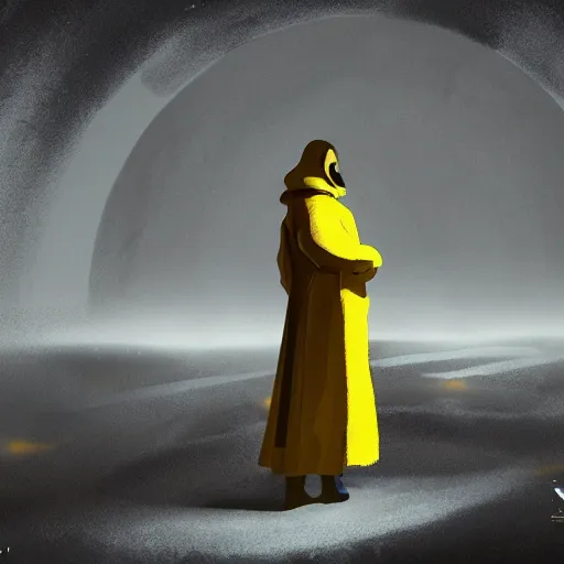 Prompt: award - winning. trending on artstation. 4 k. eerie tone. a figure wearing a layered yellow coat standing in front of a black hole in space. dark background. in the style of cedric peyravernay. full - body. medieval. 4 k.