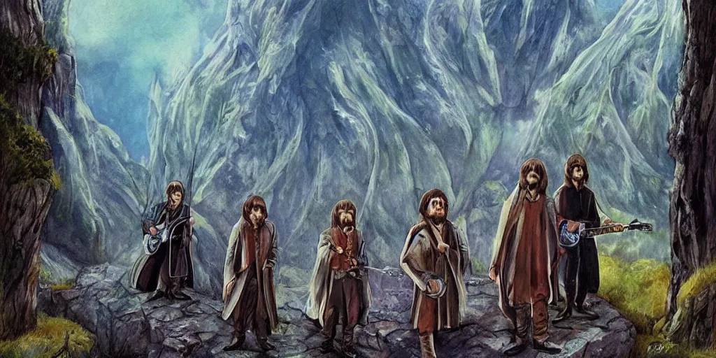 Image similar to the beatles in lord of the rings, fantasy art style