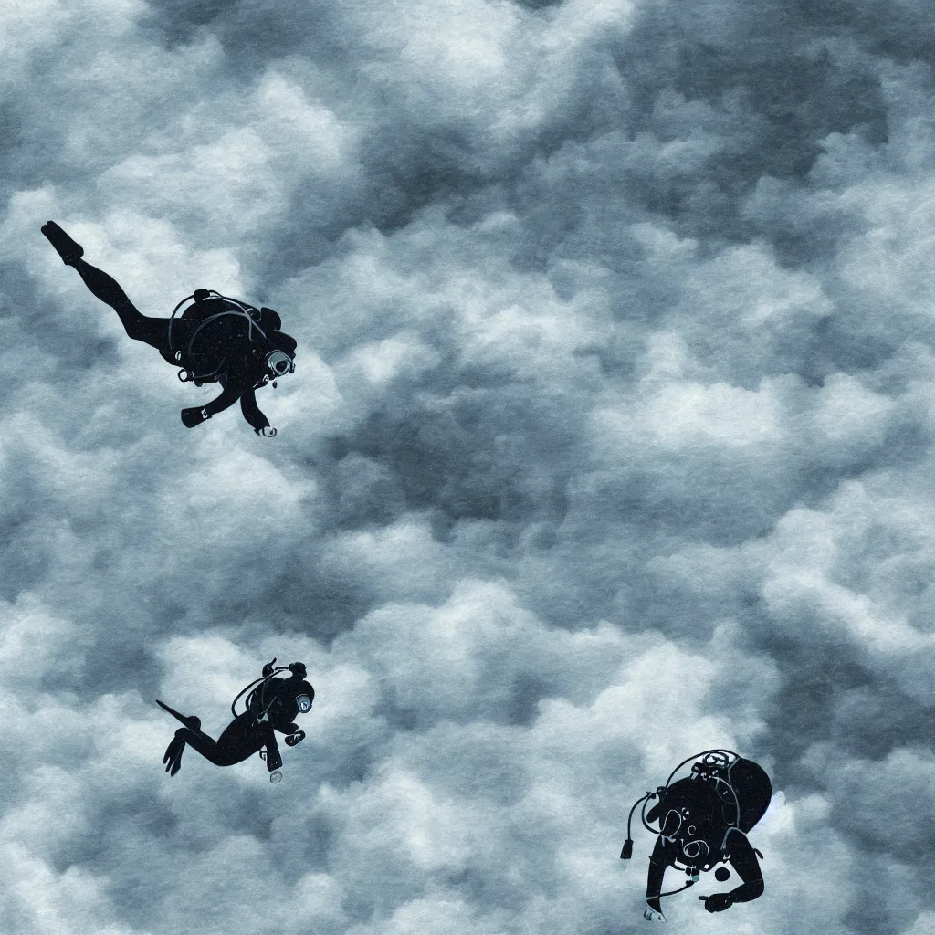 Image similar to a single scubadiver floating above the clouds, closeup, digital drawing