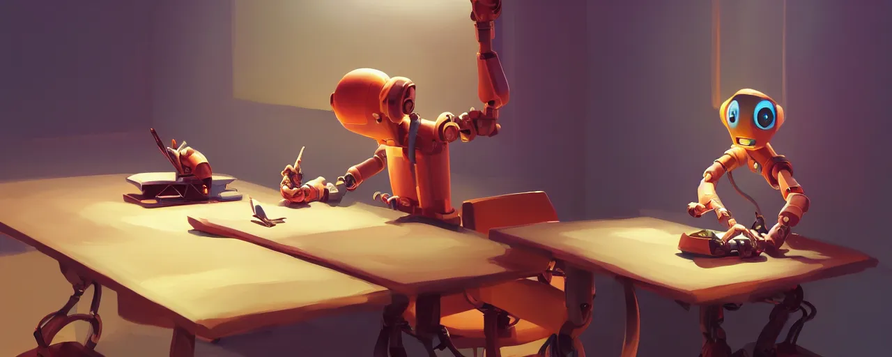 Prompt: excited young programmer, robot details on table, digital art, behance hd by jesper ejsing, by rhads, makoto shinkai and lois van baarle, ilya kuvshinov, global illumination.